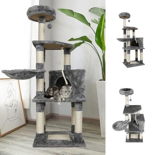 Kratzbaum mit mehreren Ebenen, multifunktionale Treppe für Katzen, 48 x 40 x 135 cm, mit Kratzsäule aus Sisal, Höhle, Hängematte und Spielzeug, grau Kratzbaum mit mehreren Ebenen, multifunktionale Treppe für Katzen, 48 x 40 x 135 cm, mit Kratzsäule aus Sisal, Höhle, Hängematte und Spielzeug, grau von MUL-BOUTIQUE