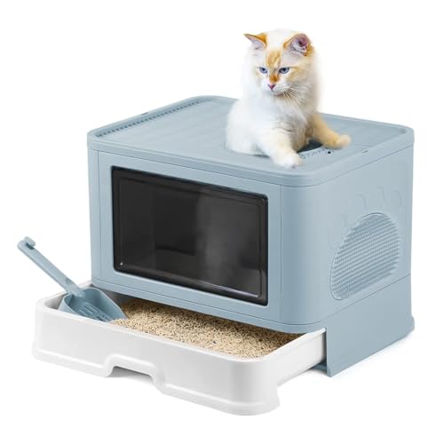 MUL-BOUTIQUE Geschlossene Katzentoilette für Katzen, enthält eine Schubladenplatte und eine Schaufel für Katzentoilette, geeignet für große und Kätzchen (blau, 51 x 41 x 38 cm) von MUL-BOUTIQUE