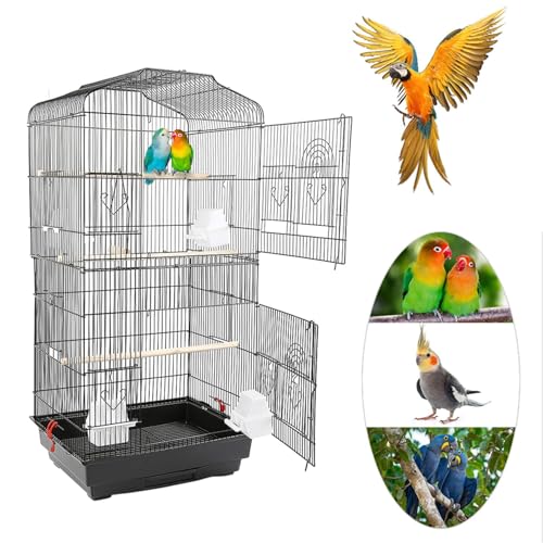 MUL-BOUTIQUE Vogelkäfig für Voliere Mit Futterhäuschen - Tragbarer Metalldraht-Käfig Mit Griff, Schubladenplatte, Trennwand für Papageien (Schwarz, 46 x 36 x 92 cm) von MUL-BOUTIQUE