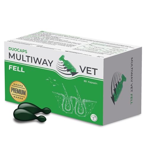 Multiway Vet - Professionell Tabletten bei übermäßigem Haarausfall für Hunde Katze - Biotin, Zink, Omega 3 sekundierend bei Fellproblemen - Dermatose Hund - Haut und Fell - Shiny Hair - 60 Tabletten Multiway Vet - Professionell Tabletten bei übermäßigem Haarausfall für Hunde Katze - Biotin, Zink, Omega 3 sekundierend bei Fellproblemen - Dermatose Hund - Haut und Fell - Shiny Hair - 60 Tabletten von MULTIWAY VET DUOCAPS