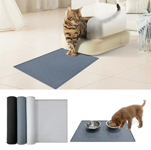 Silikon-Katzento-Matte, rutschfestes Haustier-Tischset für Hunde und Katzen, Katzenklo Matte zum Auffangen von Streu, wasserdichte Gummiunterlage für den Boden (Grau, 80 x 60 cm) von MUMUXIAO
