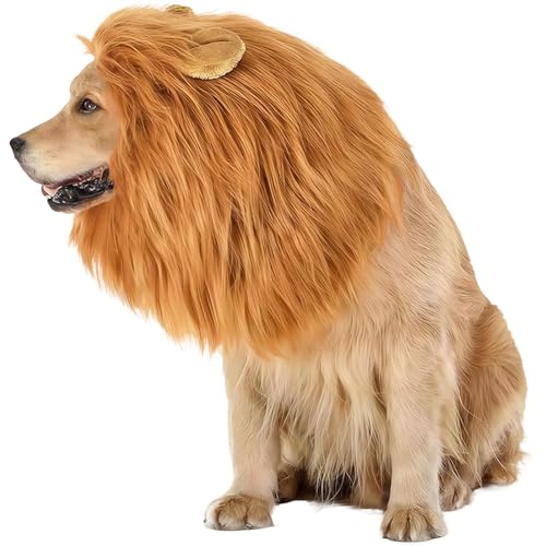 MUNSKT Löwenmähne Perücke mit Ohren, verstellbares Haustierkostüm mit Ohren für Hundekostüme, Mähne, Löwenhaar, Hundekleidung, Kleid für Halloween, Weihnachten, Party, Aktivität, Größe L von MUNSKT