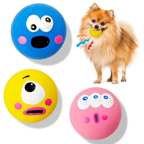 MUSTIGER Quietschendes Hundespielzeug aus Latex für kleine Hunde, weiches Welpenspielzeug, Emoji-Hunde-Quietschbälle, Kauspielzeug für mittelgroße Hunde, interaktives Spielen, 3 Stück von MUSTIGER
