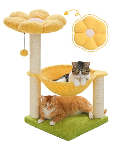 MUTTROS 71.1 cm Flower Cat Tree Cute with Flower Top Perch, Large Hammock for Indoor Small Cats, Small Cat Tower with Cute Scratching Post and Fur Toy Ball for Kittens, Yellow von MUTTROS