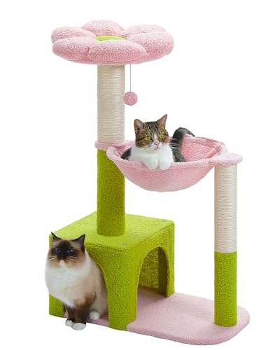 MUTTROS Blumen-Katzenbaum mit großem Metallrahmen, Hängematte, 88,9 cm, niedlicher Katzenturm mit Sisal-Kratzbäumen für kleine Indoor-Katzen, Katzenhütte mit rosa Sitzstange für Kätzchen, Rosa von MUTTROS