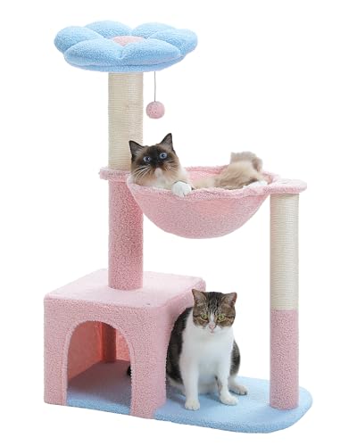 MUTTROS Flower Katzenbaum mit großem Metallrahmen Hängematte, 93 cm rosa Katzenturm mit Sisal-Kratzbäumen für kleine Indoor-Katzen, Katzenhütte mit blauer Sitzstange für Kätzchen, flauschiger Ball, MUTTROS Flower Katzenbaum mit großem Metallrahmen Hängematte, 93 cm rosa Katzenturm mit Sisal-Kratzbäumen für kleine Indoor-Katzen, Katzenhütte mit blauer Sitzstange für Kätzchen, flauschiger Ball, von MUTTROS