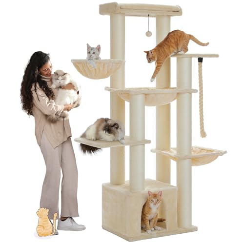 MUTTROS Großer Kratzbaum für Indoor-Katzen mit 13 dicken schwarzen Kratzbäumen (φ12 cm), mehrstufige Katzenhütte, super große Sitzstange und Hängematten für Maine Coon, 9 kg, Beige von MUTTROS