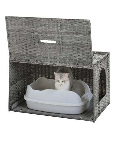 MUTTROS Katzentoilette aus Rattan, versteckte Katzentoilette, Möbel von handgewebtem Korbgeflecht mit höherer Tür und erhöhtem Rand, Katzenhausschrank für große Katzen, Innenbereich, Wohnzimmer von MUTTROS