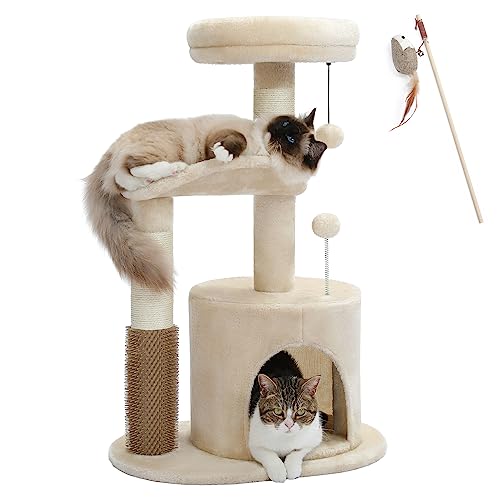 MUTTROS Kleiner Katzenbaum für Indoor-Katzen 83,1 cm, Plüsch-Katzenturm mit Katzenwohnung, Sisal-Kratzbaum, Selbstpflegebürste und baumelnder Ball für kleine und mittelgroße Katzen von MUTTROS