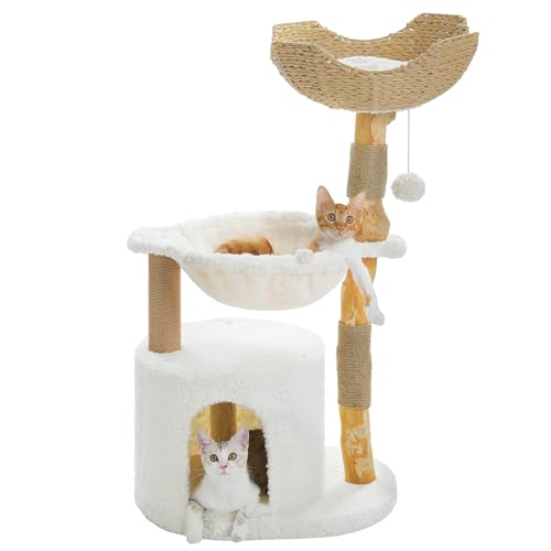 MUTTROS Moderner Katzenbaum für große Katzen, Katzenturm aus Holz für Indoor-Katzen, echtes Ast, Luxus-Katzenmöbel mit super großer gemütlicher Höhle und Hängematte & Kratzbaum, oberer Korb, Weiß von MUTTROS
