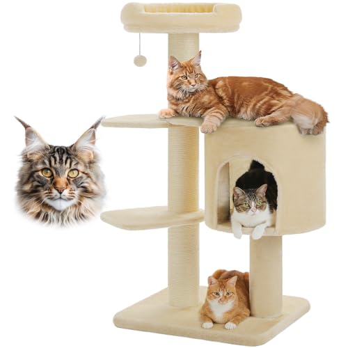 MUTTROS Robuster Kratzbaum für große ausgewachsene Katzen, robuster Katzenturm mit extra dicken schwarzen Kratzbäumen (φ4,3), geräumiges Katzenhaus für Maine Coon 9 kg, große Plattform, weiche von MUTTROS