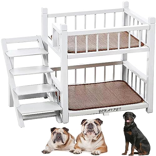 MUUNS Hund Etagenbett klein für kleine mittlere große Hunde Haustier, abnehmbare doppelte Schicht Haustier Bett mit Treppe,Weiß,19x15x20 von MUUNS