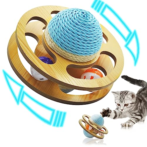 MUYG Interaktiver Katzenspielzeugball, Katzenplaneten-Design, Spielzeug, Becher, Plattenspieler, natürlicher Sisalball mit Glockenbällen für Katzen im Innenbereich, Holz, Schienen, Katze (19x15 cm) von MUYG