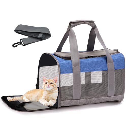 MUYG Katzentragetasche für kleine und mittelgroße Katzen, Hunde, zusammenklappbar, von Fluggesellschaften zugelassen, weiche Seiten, faltbar, belüftet, atmungsaktives Netz-Reisetasche, für Welpen von MUYG
