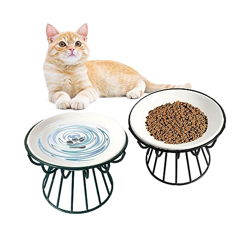 MUYG Keramik-Katzennäpfe mit Metallständer, erhöhter Katzennapf, erhöhtes Kätzchenfutter und Wasserfütterung, flacher Napf für Indoor-Katzen, Welpen, kleine Hunde, 2 Stück von MUYG
