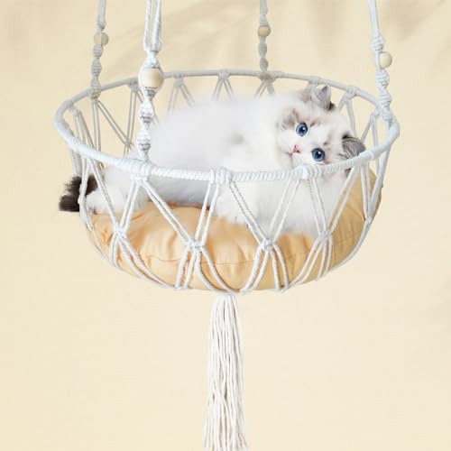 MUYG Makramee-Katzenhängematte, handgewebtes Boho-Katzenbett zum Aufhängen mit Aufhängeset für drinnen und draußen, Heimdekoration, zum Aufhängen, Katzenschaukel zum Spielen, Schlafen, Klettern und von MUYG