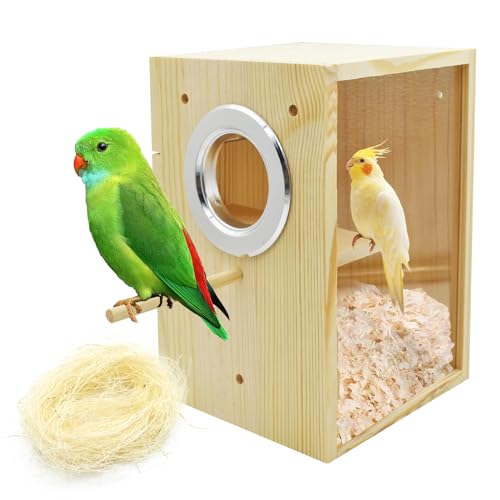 MUYG Sittich-Nistkasten, transparente Vogelnestkästen, natürliche Holzzuchtbox mit Kokosfaser, Vogelkäfighaus mit Sitzstange für Kanarienvögel, Wellensittiche, Gouldian, Finken, Nymphensittiche und von MUYG
