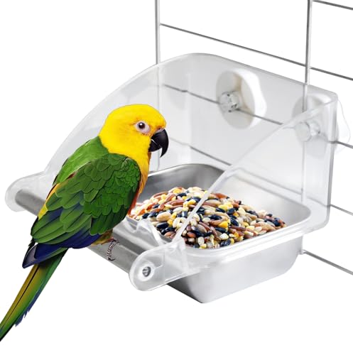 MUYG Vogelfutterstation für Käfig, Acryl-Sittich-Futterstation mit rutschfestem Ständer, Edelstahl, transparent, offen, Futterfänger für kleine Wellensittiche, Finken, Kanarienvögel, Nymphensittiche von MUYG