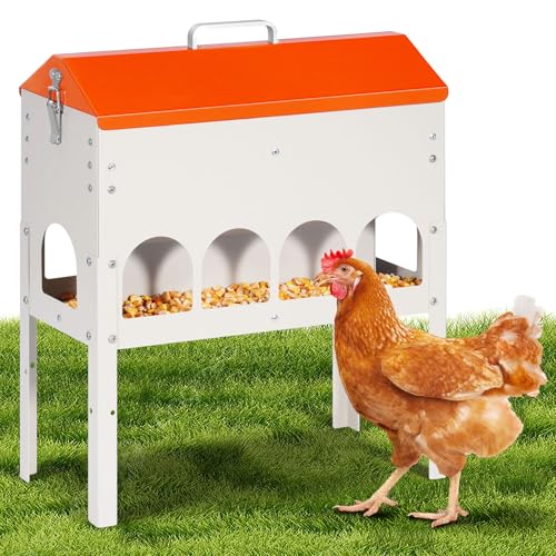 MUYIRTED Futterautomat Hühner Mit Füßen, 10kg Hühnerfutter Behälter, Hühner Futterspend, Verzinkter Futtertrog Für Tauben, Vögel, Enten, Höhenverstellbar, Orange von MUYIRTED
