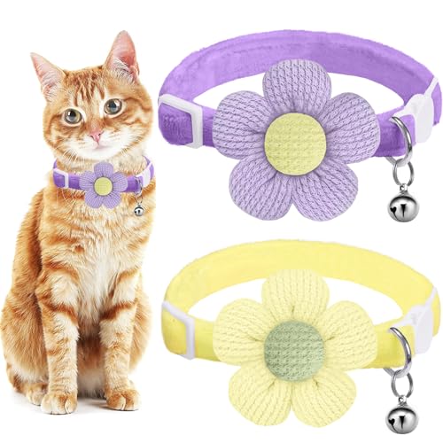 Breakaway Katzenhalsbänder mit Glöckchen, MUZIEBA Kätzchen-Halsband für Mädchen und Jungen, verstellbare Sicherheits-Halsbänder für Katzen, Welpen und kleine Haustiere (lila + gelb) von MUZIEBA