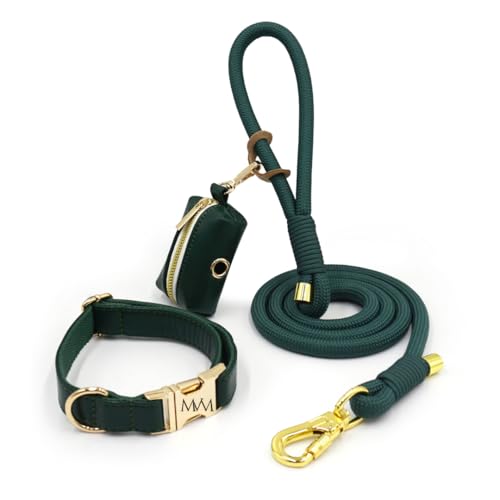 MVM Hundeleine mit Halsband & Kotbeutelspender Set - Wasserdicht & Pflegeleicht - PU Leder & Geflochtenes Nylon - Goldene Verschlüsse - Verstellbar Kleine, Mittlere & Große Hunde - [Dunkelgrün, MVM Hundeleine mit Halsband & Kotbeutelspender Set - Wasserdicht & Pflegeleicht - PU Leder & Geflochtenes Nylon - Goldene Verschlüsse - Verstellbar Kleine, Mittlere & Große Hunde - [Dunkelgrün, von MVM