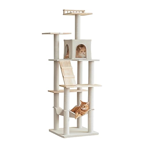 MWPO Moderner Katzenbaum für Wohnungskatzen, 160 cm, mehrstufig, hoher Katzenturm mit Katzenhütte, Hängematte, Sitzstange aus Holz, Kratzbäume für Kätzchen & ausgewachsene Katzen, Beige von MWPO
