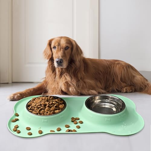 MXCELL Kleiner Hundenapf 2 Edelstahl Haustier Wasser und Futter Futterspender Welpennäpfe ohne Verschütten Silikonmatte für kleine Hunde Katzen Welpen (Grün) von MXCELL
