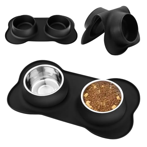 MXCELL Kleiner Hundenapf 2 Edelstahl Haustier Wasser und Futter Futterspender Welpennäpfe ohne Verschütten Silikonmatte für kleine Hunde Katzen Welpen (Schwarz) von MXCELL