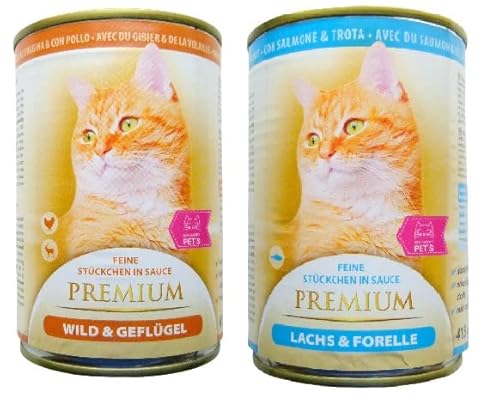 MY HAPPY PETS Premium Katzenfutter 2 Sorten feine Stückchen in Sauce (Wild & Geflügel, Lachs & Forelle, 40 x 415g) von MY HAPPY PETS
