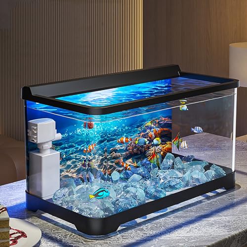 Aquarium Mit Filter Und Licht, Filtersystem & Einstellbar Luftpumpe LED-Licht, Tischdekoration Mini Fischtank Komplett Set Kleines Aquarien Starterset Für Büro Und Wohnen(Black) von MYBSXKEOZ
