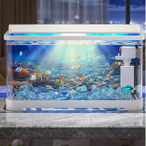 Aquarium Mit Filter Und Licht, Filtersystem & Einstellbar Luftpumpe LED-Licht, Tischdekoration Mini Fischtank Komplett Set Kleines Aquarien Starterset Für Büro Und Wohnen(White) von MYBSXKEOZ