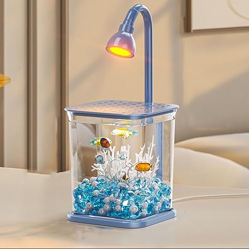 Aquarium Mit Fütterungsöffnung Oben Und Licht, Aquarium Starter Kit Mit Umgebungslicht, Kleines Desktop Dekor Betta Fischtank Für Kampffische, 12.4 X 5.2 X 4.61cm(Blue,A) von MYBSXKEOZ