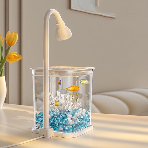 Aquarium Mit Fütterungsöffnung Oben Und Licht, Aquarium Starter Kit Mit Umgebungslicht, Kleines Desktop Dekor Betta Fischtank Für Kampffische, 12.4 X 5.2 X 4.61cm(White,A) von MYBSXKEOZ