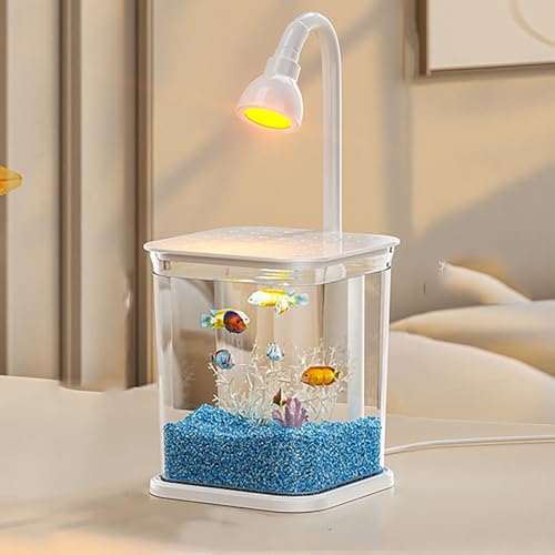 Aquarium Mit Fütterungsöffnung Oben Und Licht, Aquarium Starter Kit Mit Umgebungslicht, Kleines Desktop Dekor Betta Fischtank Für Kampffische, 12.4 X 5.2 X 4.61cm(White,B) von MYBSXKEOZ