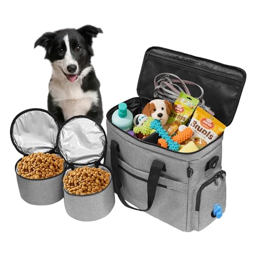 MYDAYS Hunde-Reisetasche, Haustiergepäck-Koffer, Wochenend-Tragetasche mit faltbarem Napf (grau) von MYDAYS