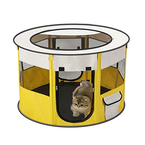 MYKOMI Faltbarer Hunde Katzen Haustier Laufstall, Tragbare Zusammenklappbare Tragetasche, Atmungsaktives Mesh für den Innen- und Außenbereich (Gelb, L:43x43x24'') von MYKOMI