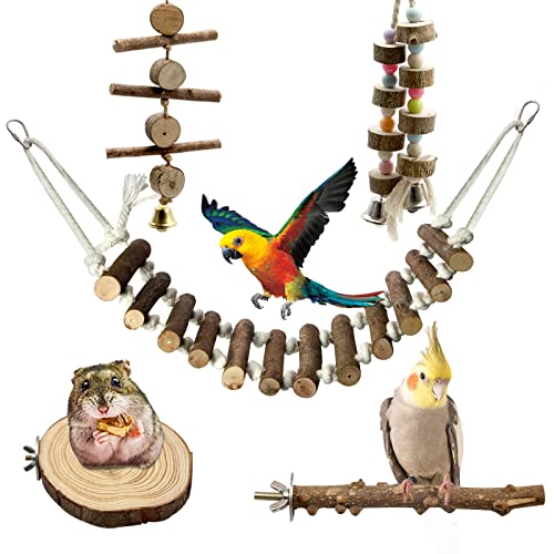 5 Stück Vogelspielzeug Papageien Käfig Spielzeug, Naturholz Vogelstange Ständer, kleine Sittiche, afrikanischer grauer Papagei von MYMULIKE