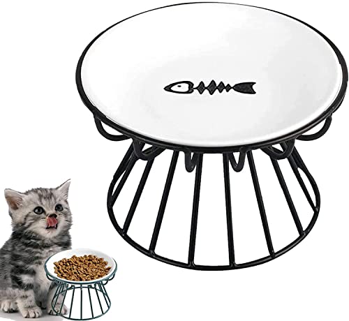 Whisker-Friendly Anti-Vomit Cat Plate,Elevated Cat Bowl-Raised Cat Food Bowl with Metal Stand,Food & Water Anti Vomiting Shallow Ceramic Dish for Cat and Small Dogs. (Fish Plate, Black) von MYPOWR