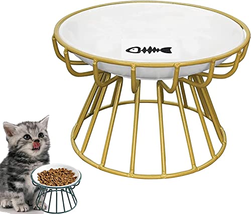Whisker-Friendly Anti-Vomit Cat Plate,Elevated Cat Bowl-Raised Cat Food Bowl with Metal Stand,Food & Water Anti Vomiting Shallow Ceramic Dish for Cat and Small Dogs. (Fish Plate, Gold) von MYPOWR