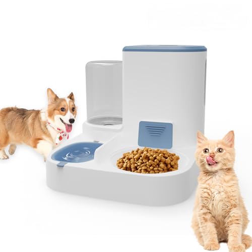 2-in-1 Futterautomat Katze & Hund | 2.2L+1L Katzenfutter Automat | Futterspender und Wasserspender | Futterautomaten für Katzen Hunde Leine bis Mittlere Haustiere (A,Blau) von MYRRHE