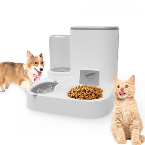 2-in-1 Futterautomat Katze & Hund | 2.2L+1L Katzenfutter Automat | Futterspender und Wasserspender | Futterautomaten für Katzen Hunde Leine bis Mittlere Haustiere (A,Grau) von MYRRHE