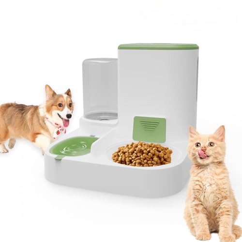 2-in-1 Futterautomat Katze & Hund | 2.2L+1L Katzenfutter Automat | Futterspender und Wasserspender | Futterautomaten für Katzen Hunde Leine bis Mittlere Haustiere (A,Grün) von MYRRHE