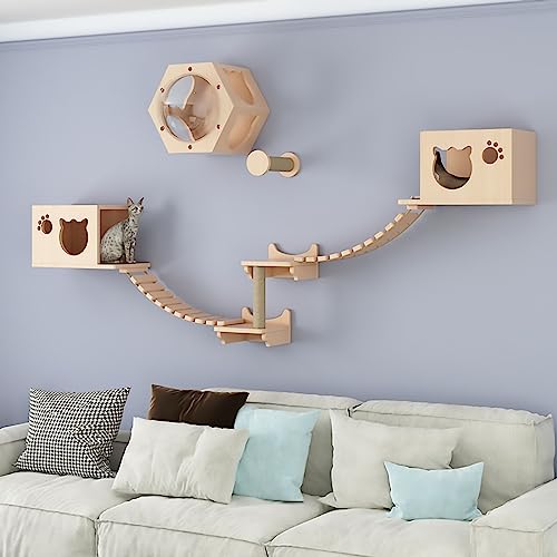 Katzenwandmöbel, An der Wand montierte Katzenmöbel mit Katzenhängematte, Raumkapsel, Katzennest, Katzenkratzbaum und Katzenkletterstufen(S4) von MYXJX