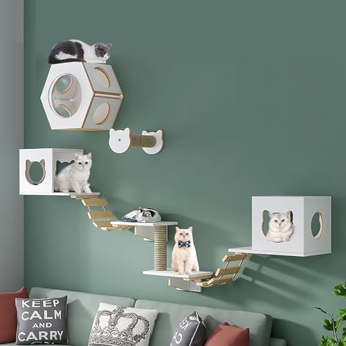 Katzenwandmöbel, Katzen-Wandgerüst for Klettern, Regale und Sitzstangen, Haus, Sisalpfostenleiter, Stufen Reiseplattform, platzsparend(Style1) von MYXJX