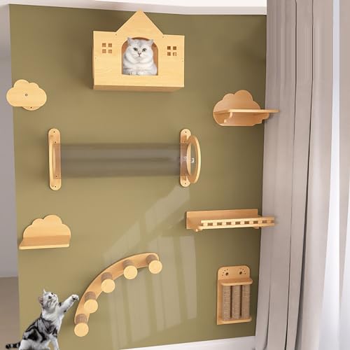 Katzenwandmöbel, Katzenklettergerüst-Set, Katzenkletterwand aus Massivholz for Schlafen, Spielen und Klettern(Style5) von MYXJX