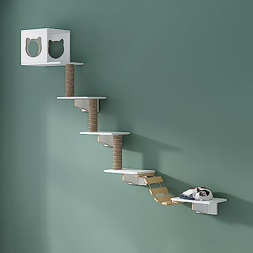 Katzenwandmöbel, Katzenwandmöbel-Set aus Massivholz, Katzenregale und Sitzstangen for die Wand, Platzsparende DIY-Katzenkletterwand(S8) von MYXJX
