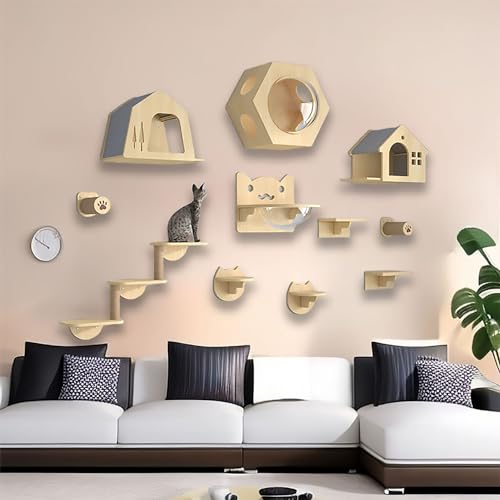 Katzenwandmöbel, Multifunktionale Katzenwandmöbel aus Holz, Klettergerüst-Set for Katzen, for Spielen, Schlafen und Faulenzen(Style2) von MYXJX