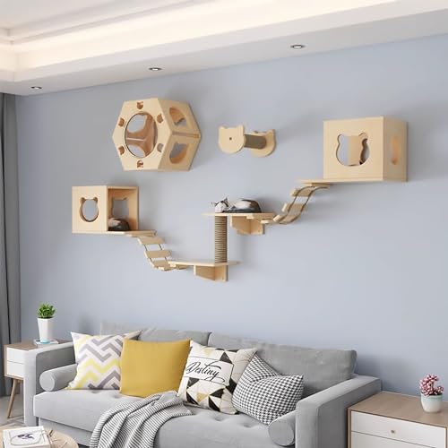 Katzenwandmöbel, Multifunktionales Katzenklettergerüst aus Massivholz, Wandmontiertes Katzenkletterregal-Set, Platzsparend, Stark und Stabil(Style4) von MYXJX