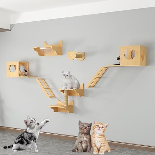Katzenwandmöbel, Wandmontiertes Katzenklettergerüst-Set, Katzenmöbel aus Holz for den Innenbereich mit Katzenregalen und Sitzstangen, Leiter, Katzenhaus(Style4) von MYXJX