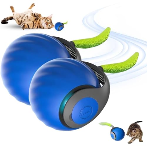 Interaktives Katzenball Spielzeug, Wiederaufladbarer Elektrisch Katzenspielzeug Ball, 2 Arbeitsmodi mit LED Licht, Aufladbar 360° Interactive Hunting Toy für Katzen und Kätzchen (Blau, 2 Stück) von MZU